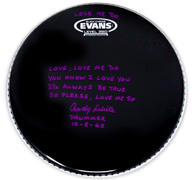 Beatles Drummer Andy White Signed Drumhead With Handwritten Lyrics to ''Love Me Do'' -- White Was the Beatles Drummer on ''Love Me Do'', the First Single on Their Debut Album ''Please Please Me''